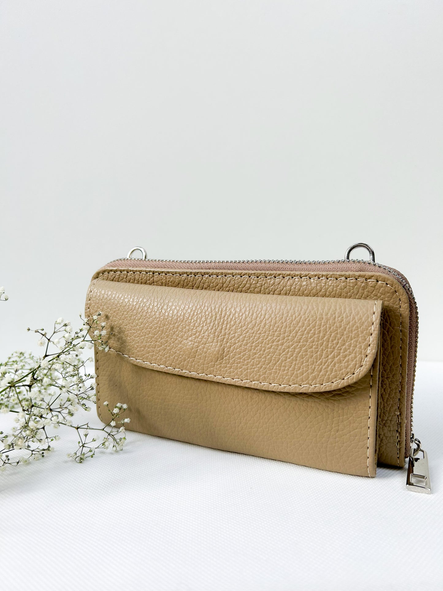 Geldbörse mit Handyfach (Leder) - Beige