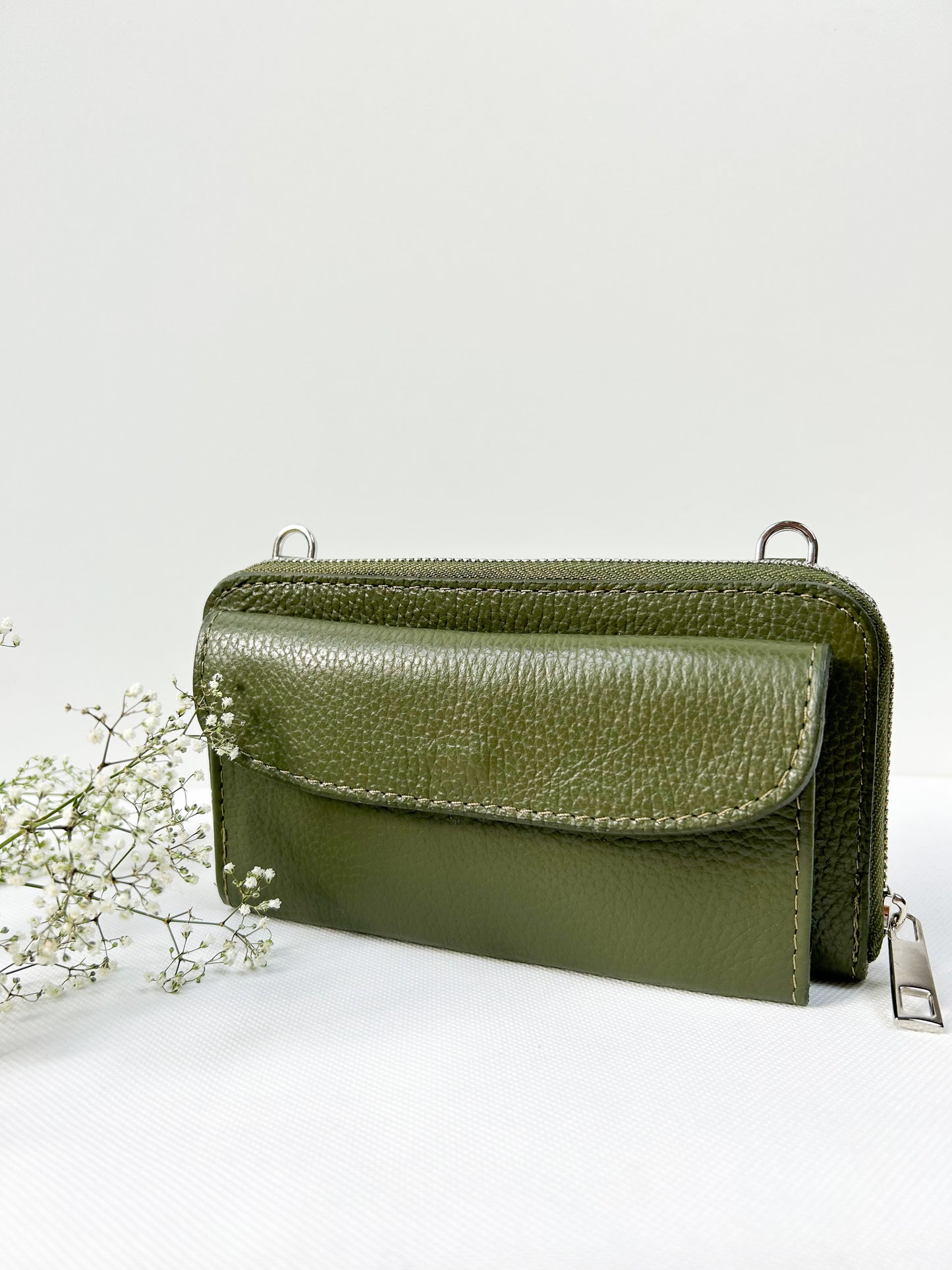Geldbörse mit Handyfach (Leder) - Olivgrün