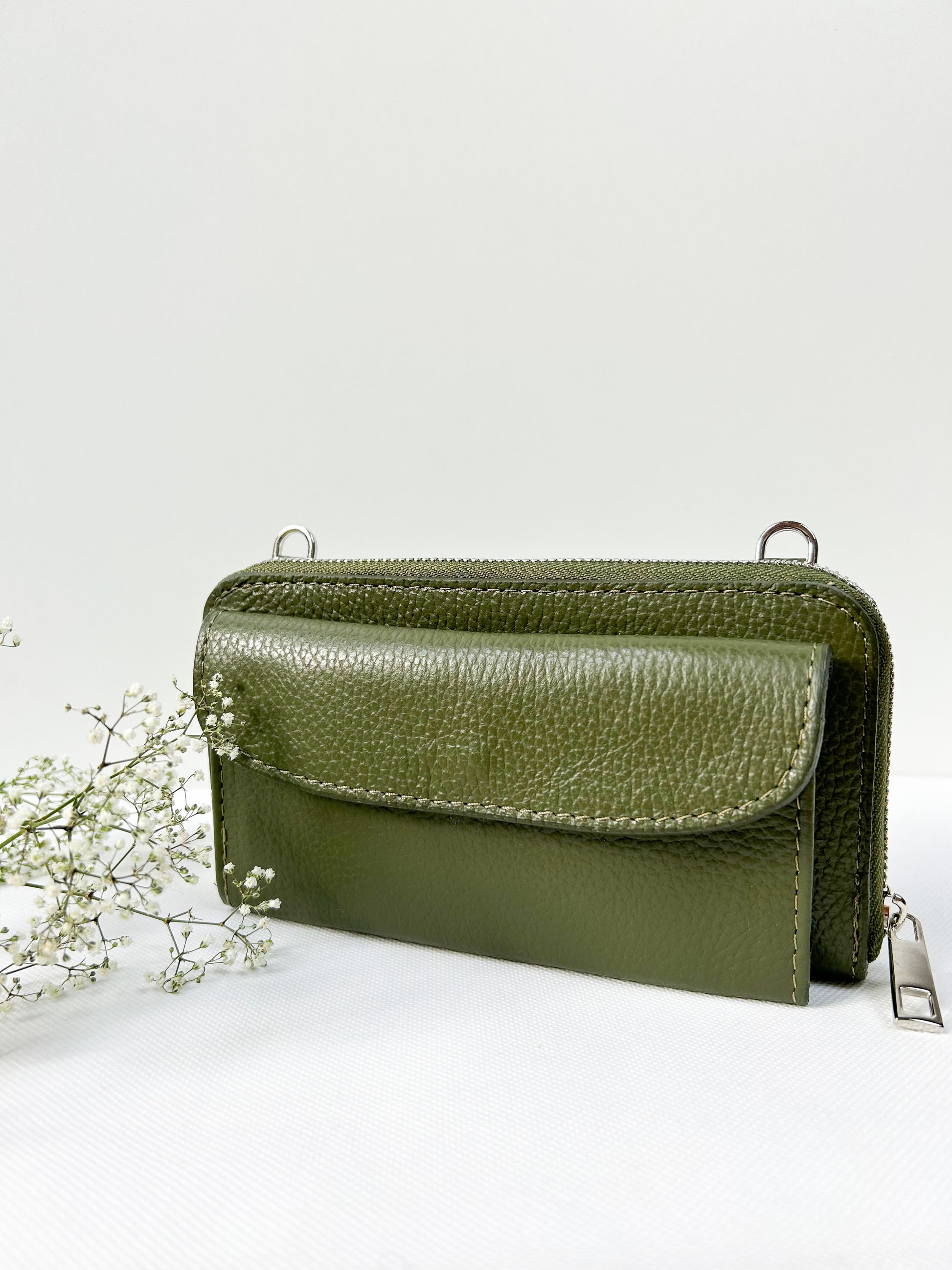 Geldbörse mit Handyfach (Leder) - Olivgrün