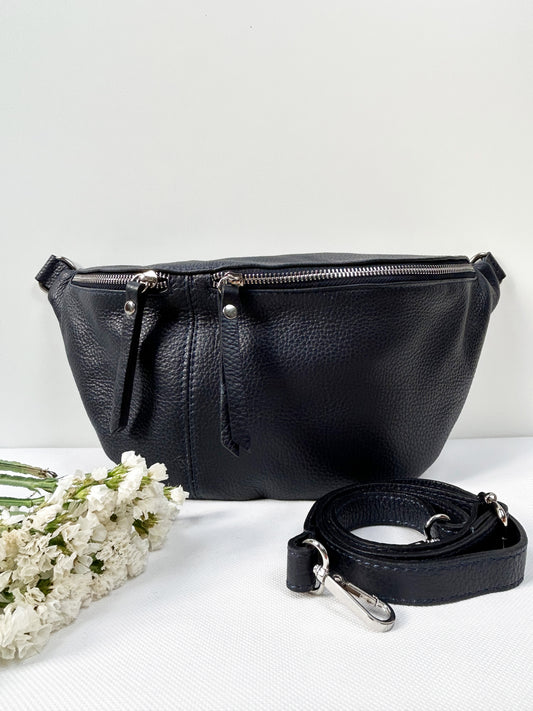 XL Crossbody Bauchtasche (Leder) - Schwarz